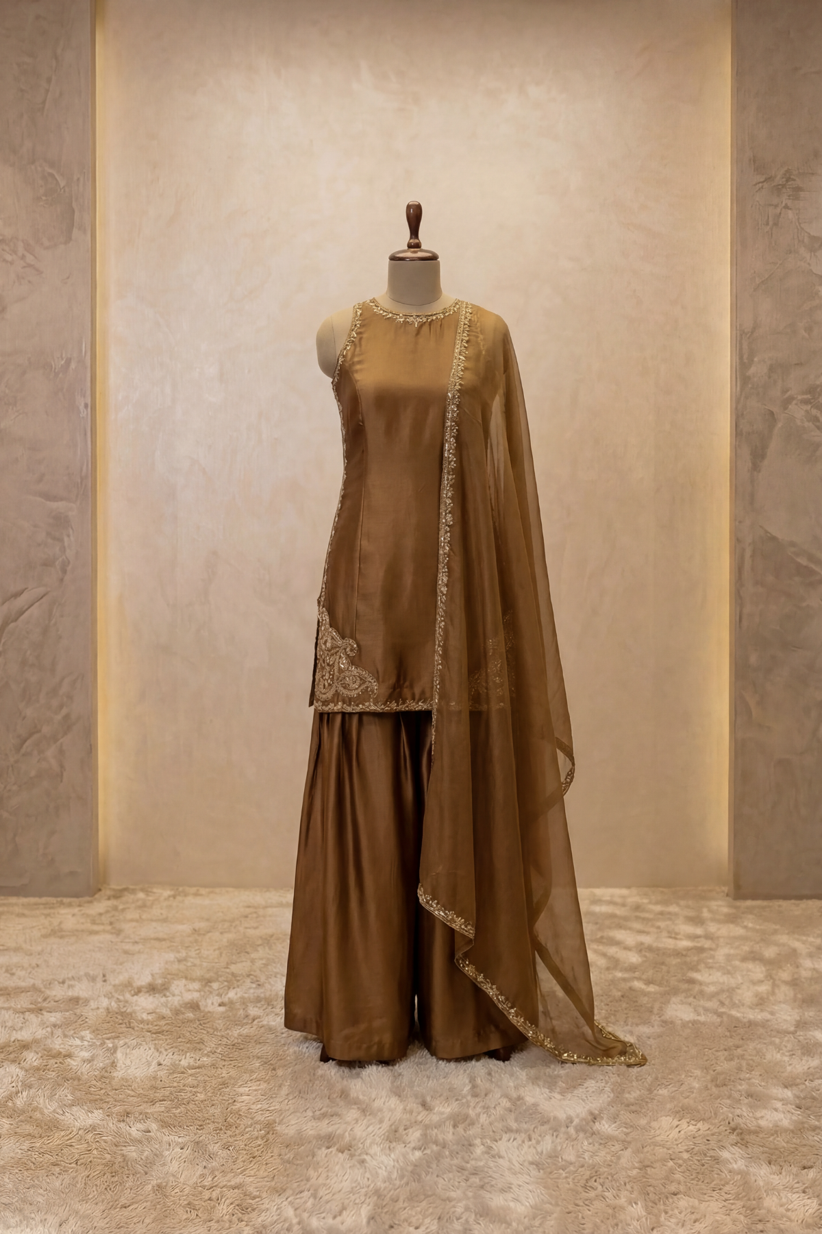 Antique Gold Satin Kurta Sharara Set