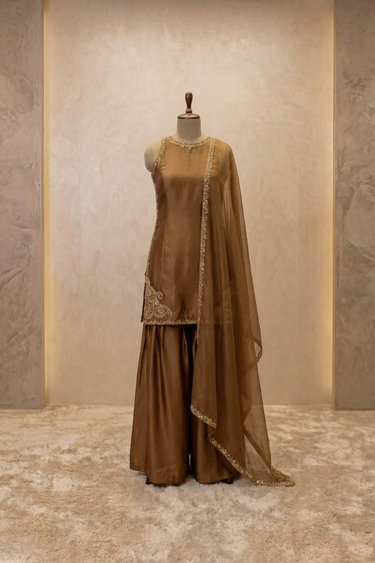 Antique Gold Satin Kurta Sharara Set