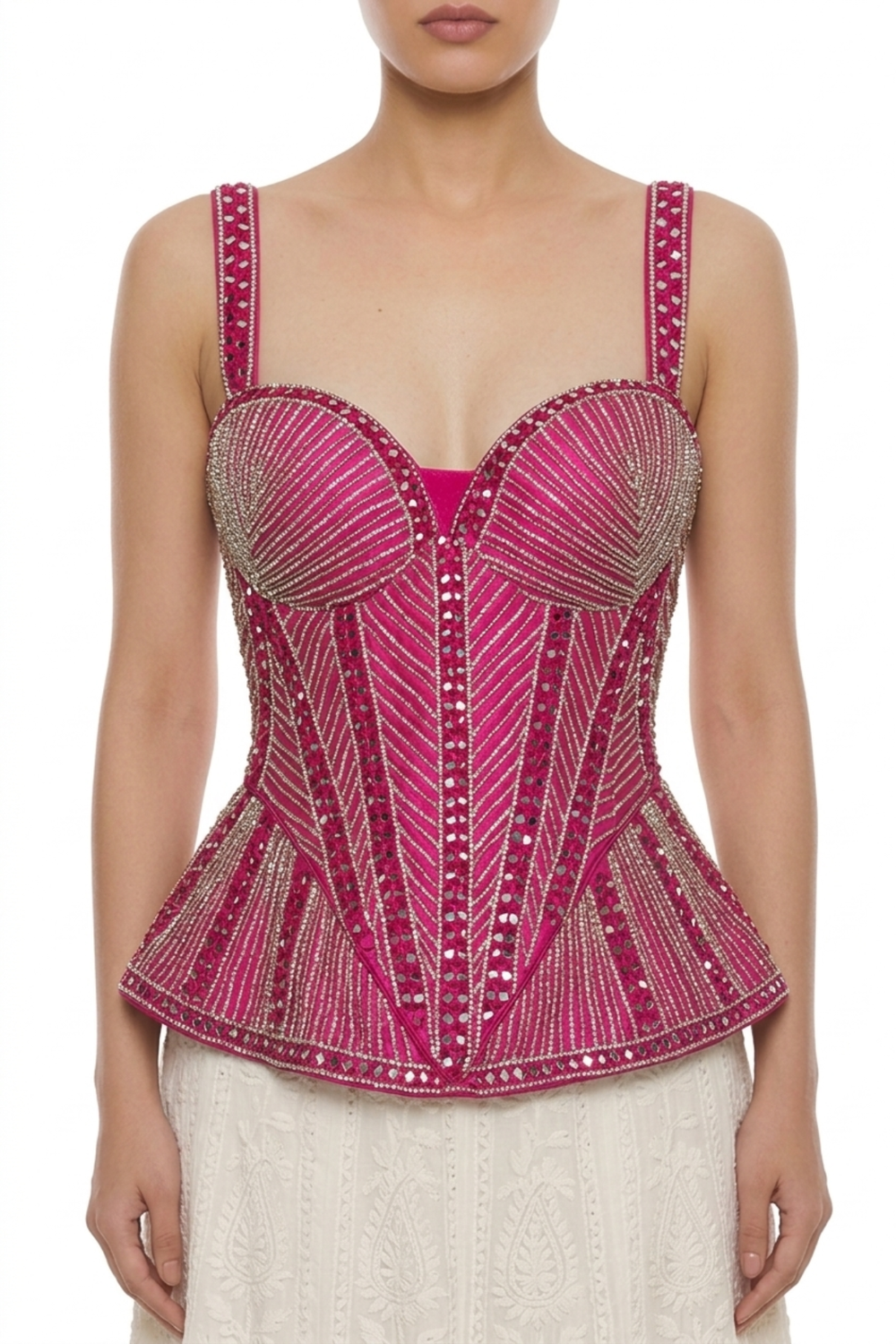 Red embroidered corset by Dorie Atelier — front view