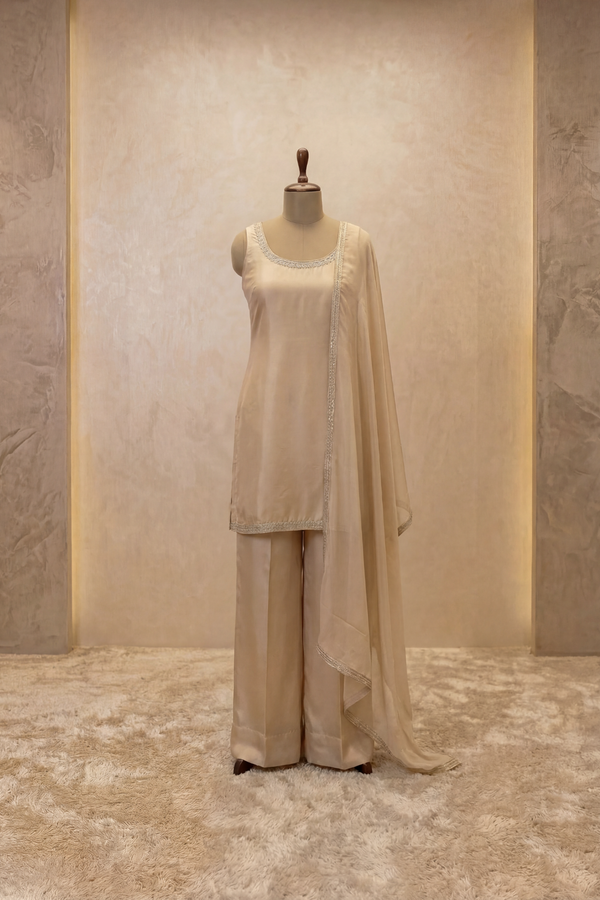 Ivory Pearl-Trim Kurta Palazzo Set