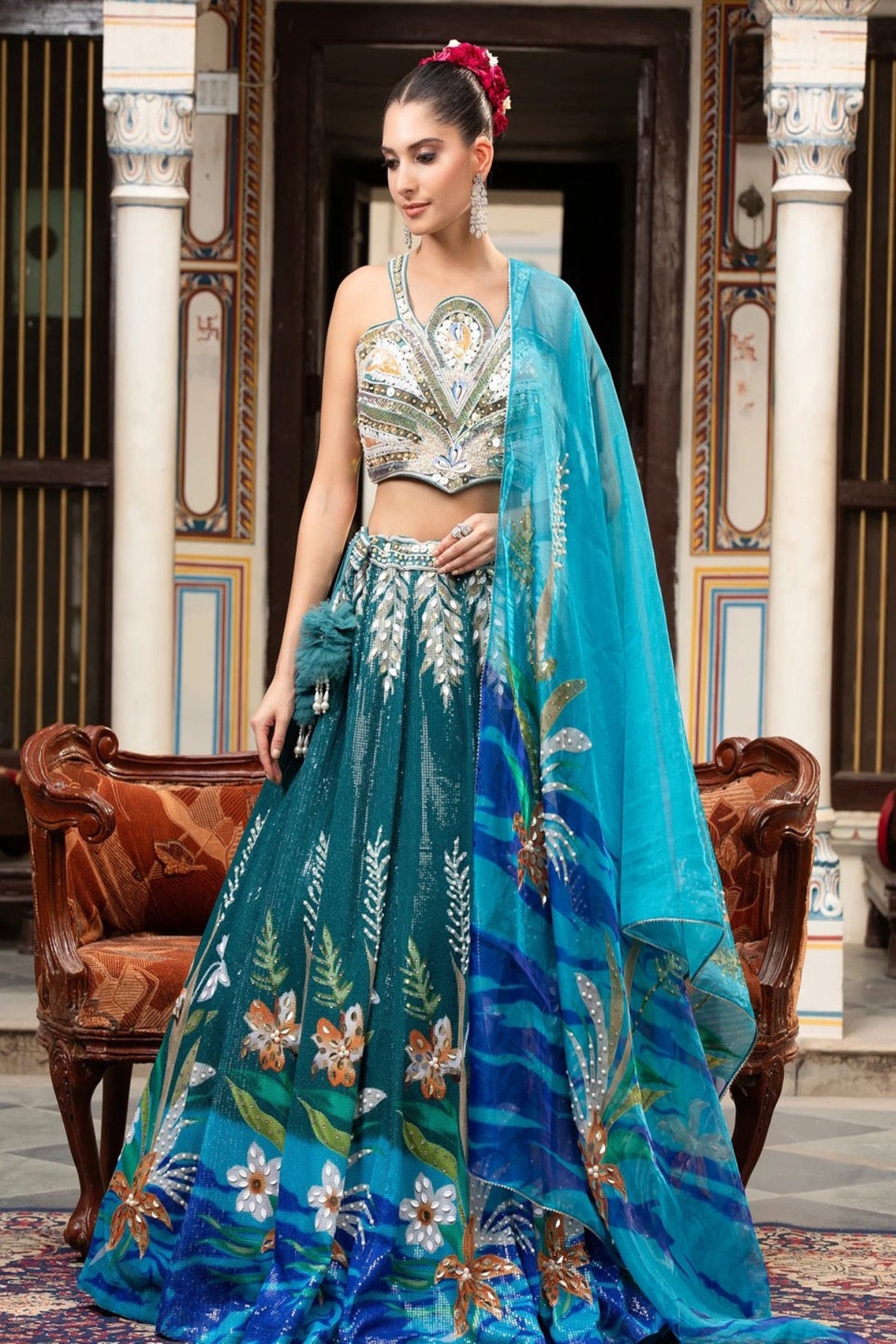 Rama Blue Net Lehenga With Handcrafted Sequin
