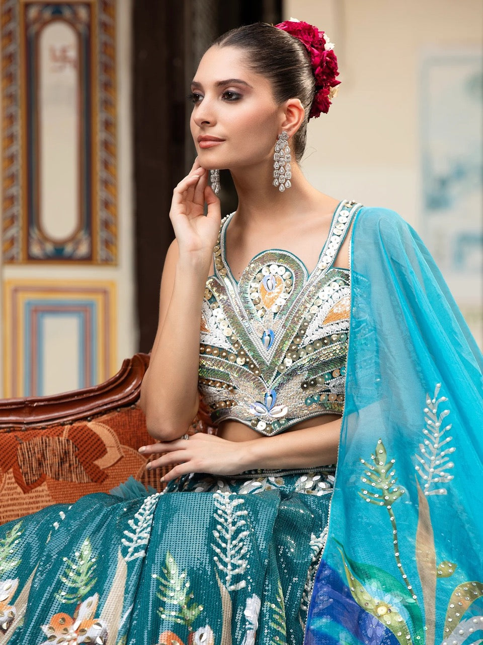 Rama Blue Net Lehenga With Handcrafted Sequin