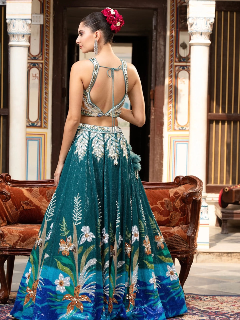 Rama Blue Net Lehenga With Handcrafted Sequin