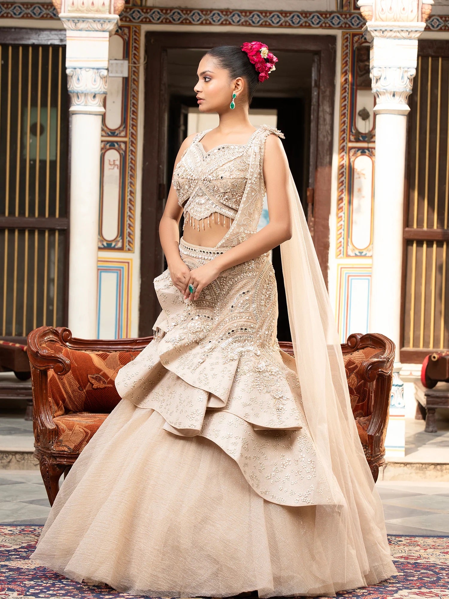 Champagne Ruffle Lehenga Set