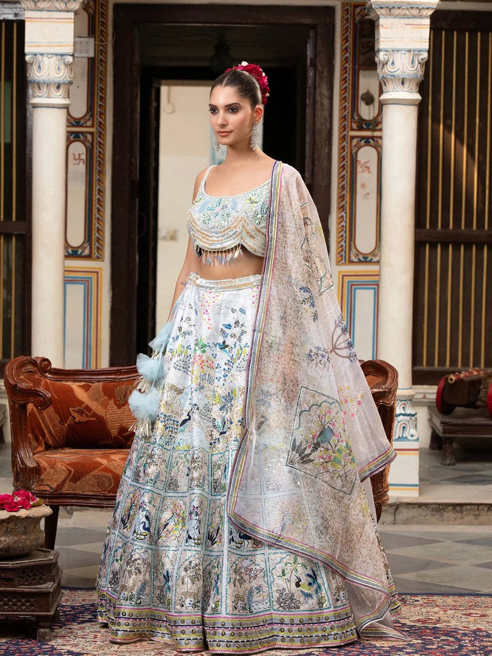 Off-White Silk Lehenga With Appliqué