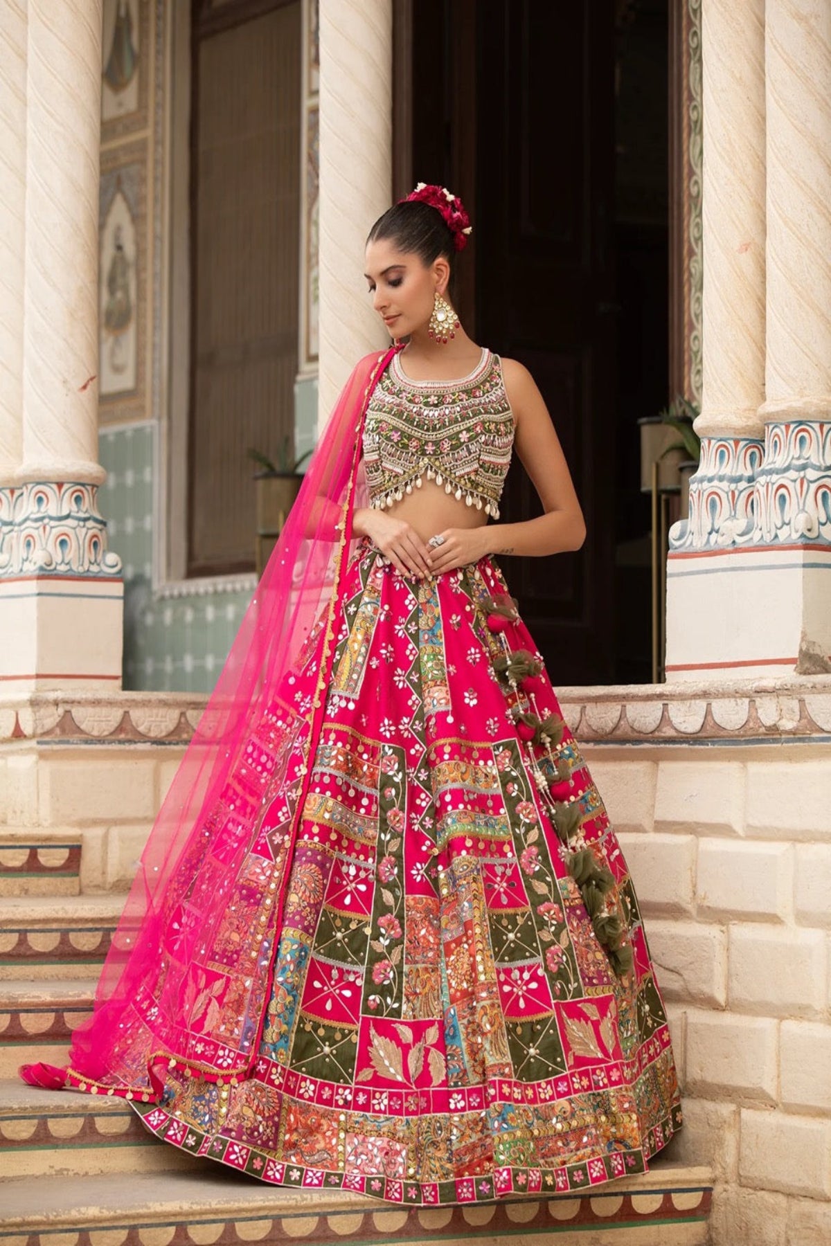 Multi Silk Lehenga With Mirror