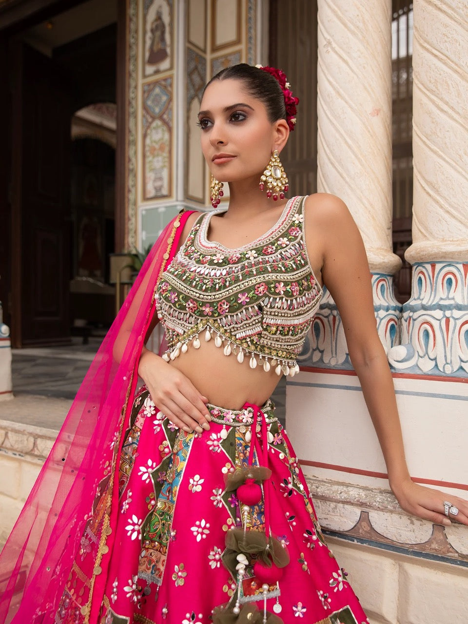 Multi Silk Lehenga With Mirror