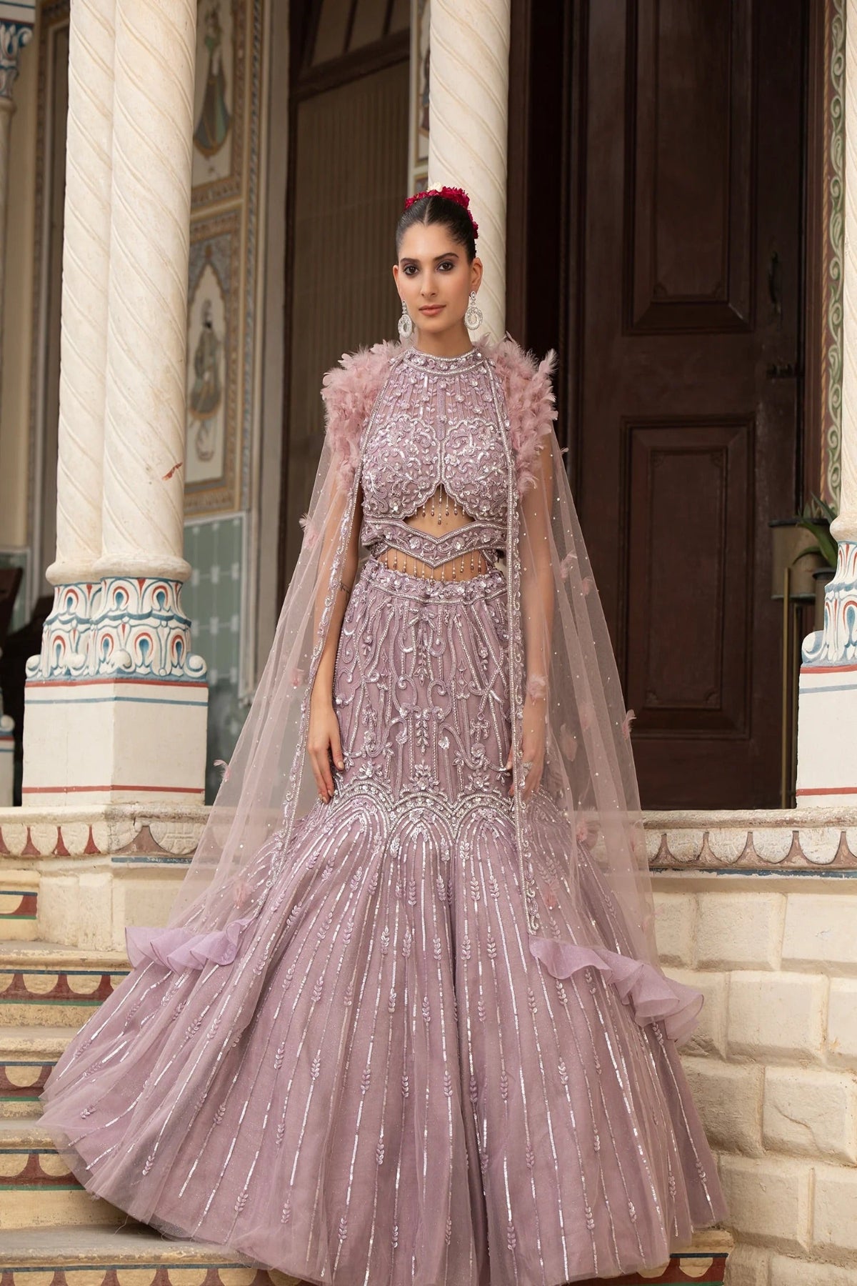 Lilac Feather Cape Lehenga Set