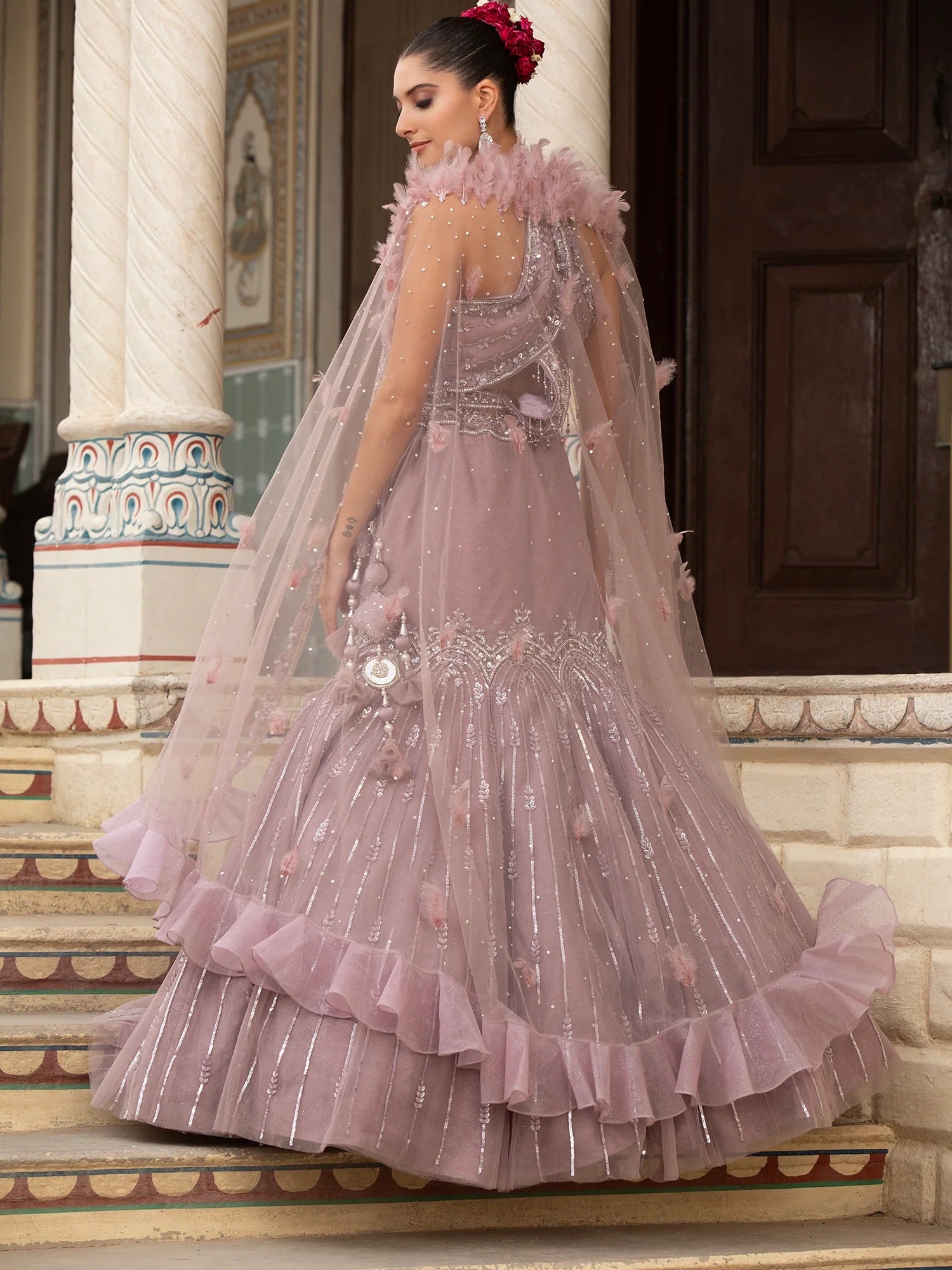 Lilac Feather Cape Lehenga Set