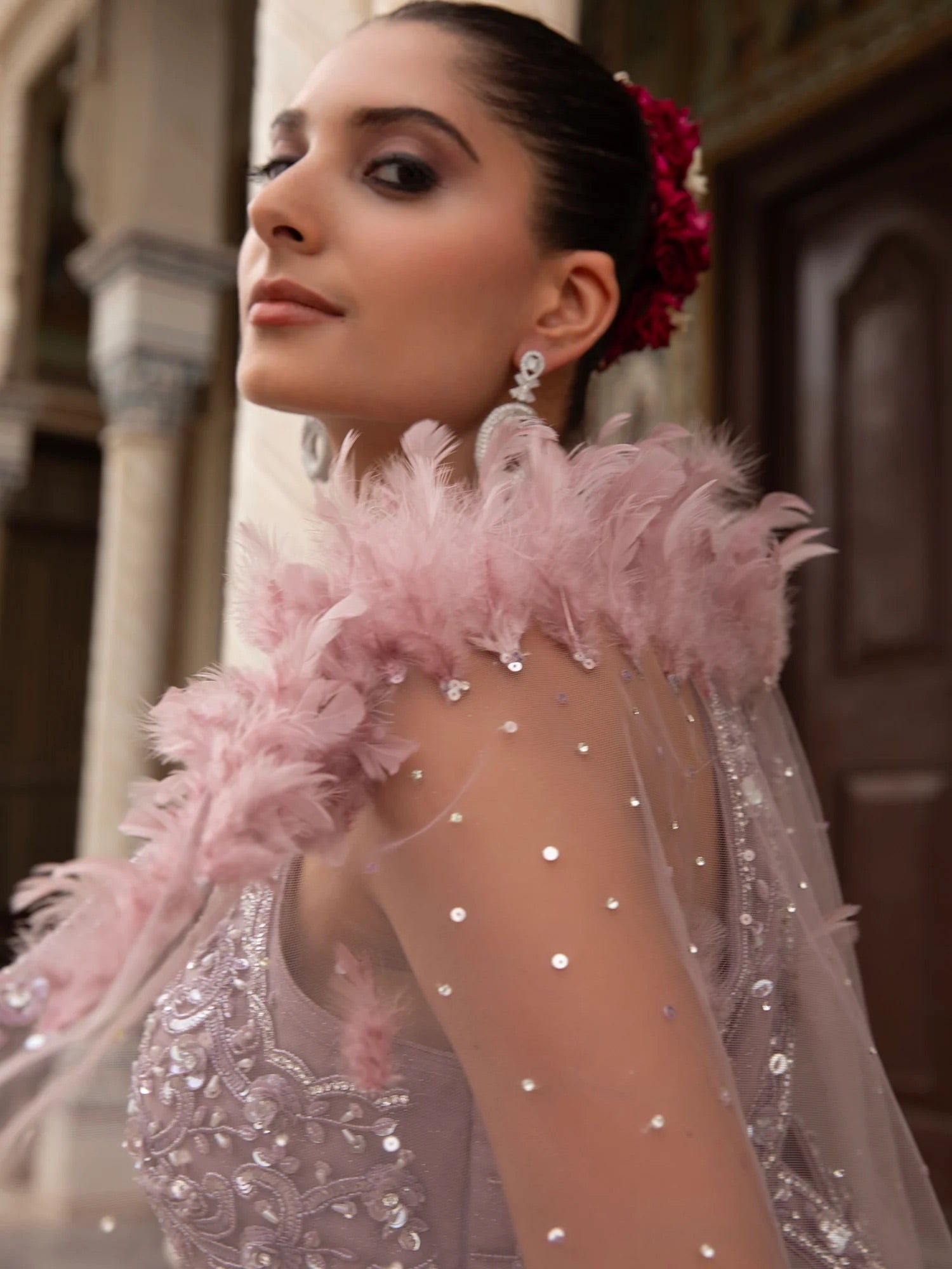 Lilac Feather Cape Lehenga Set