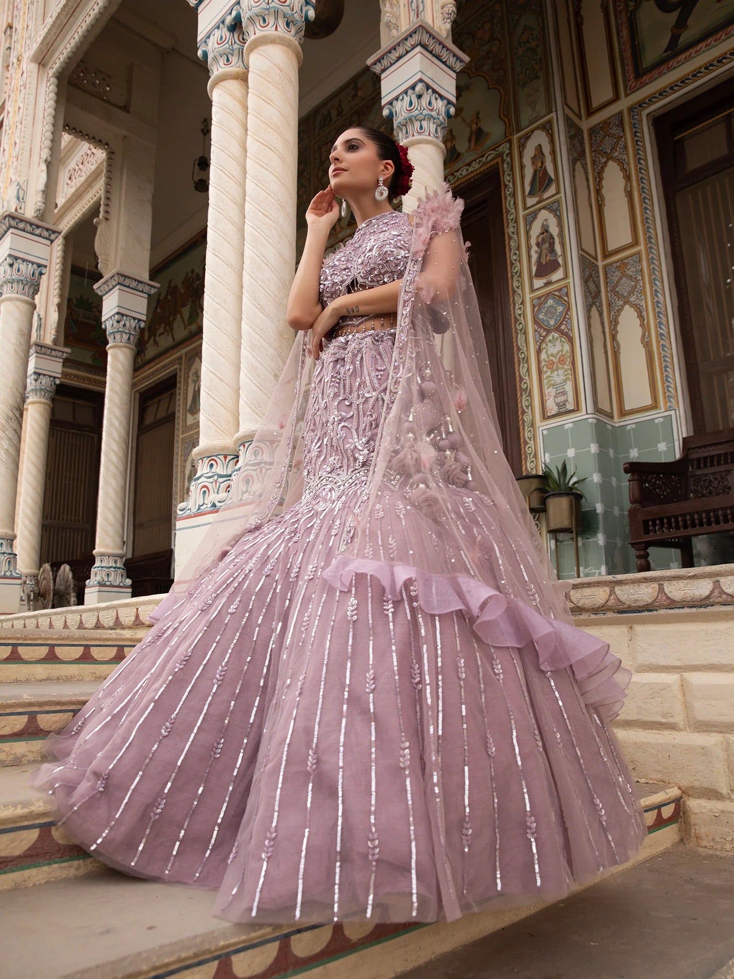 Lilac Feather Cape Lehenga Set