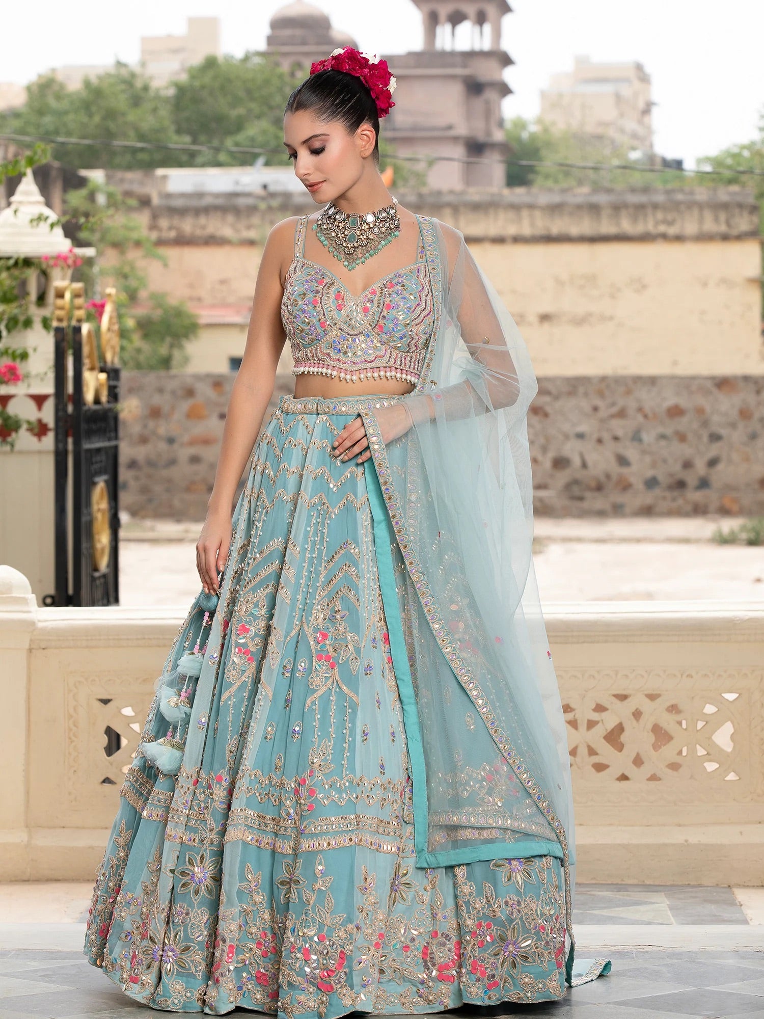 Sky Blue Net Lehenga With Handcrafted Appliqué