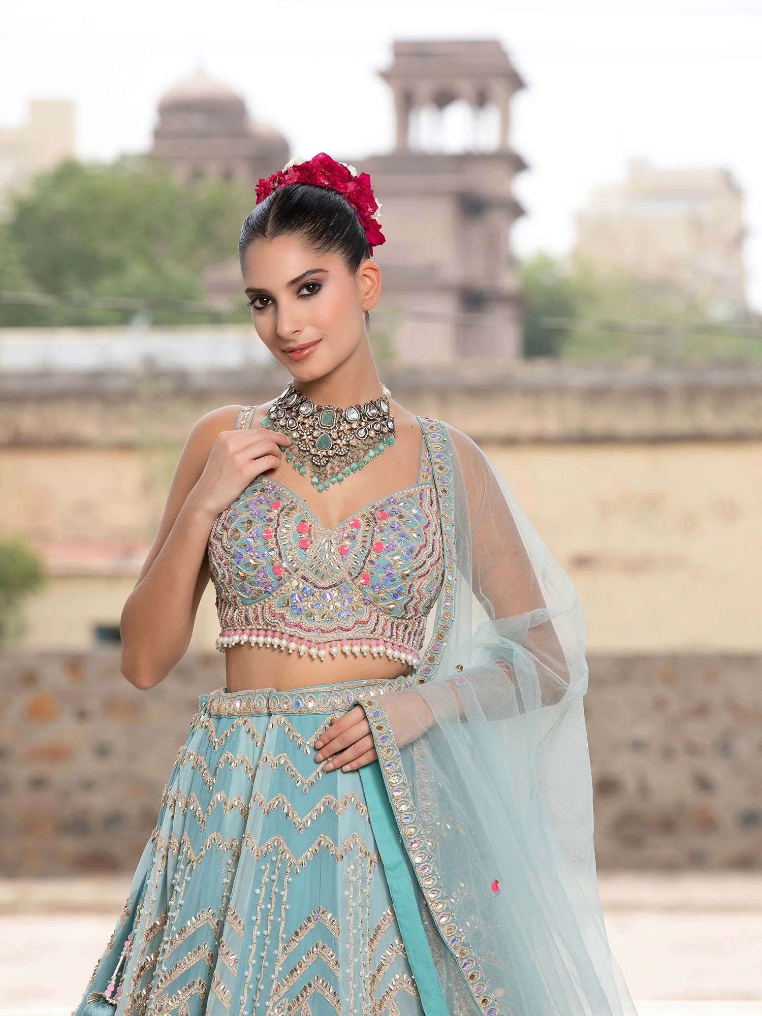 Sky Blue Net Lehenga With Handcrafted Appliqué