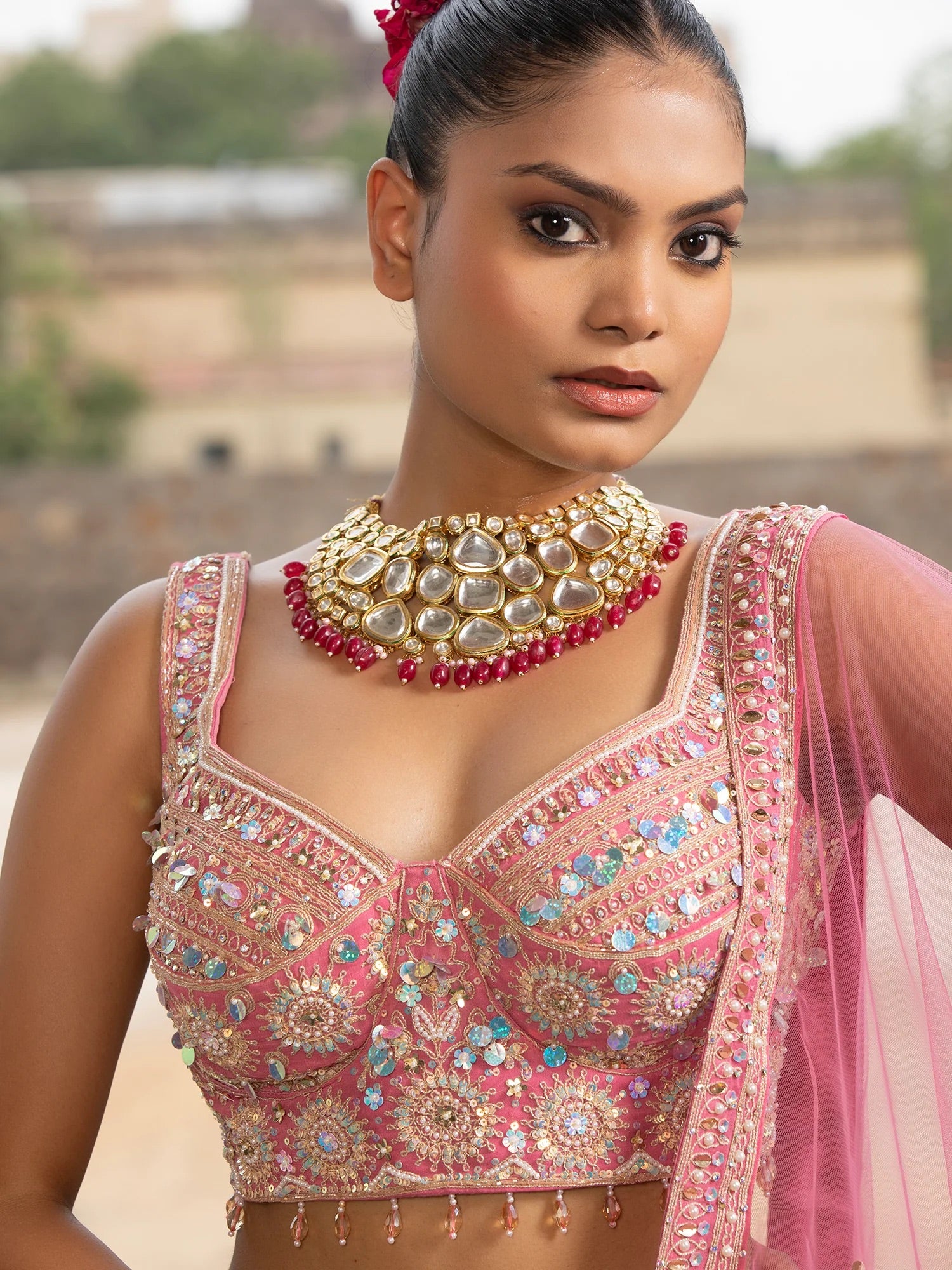 Peach Pink Georgette Lehenga