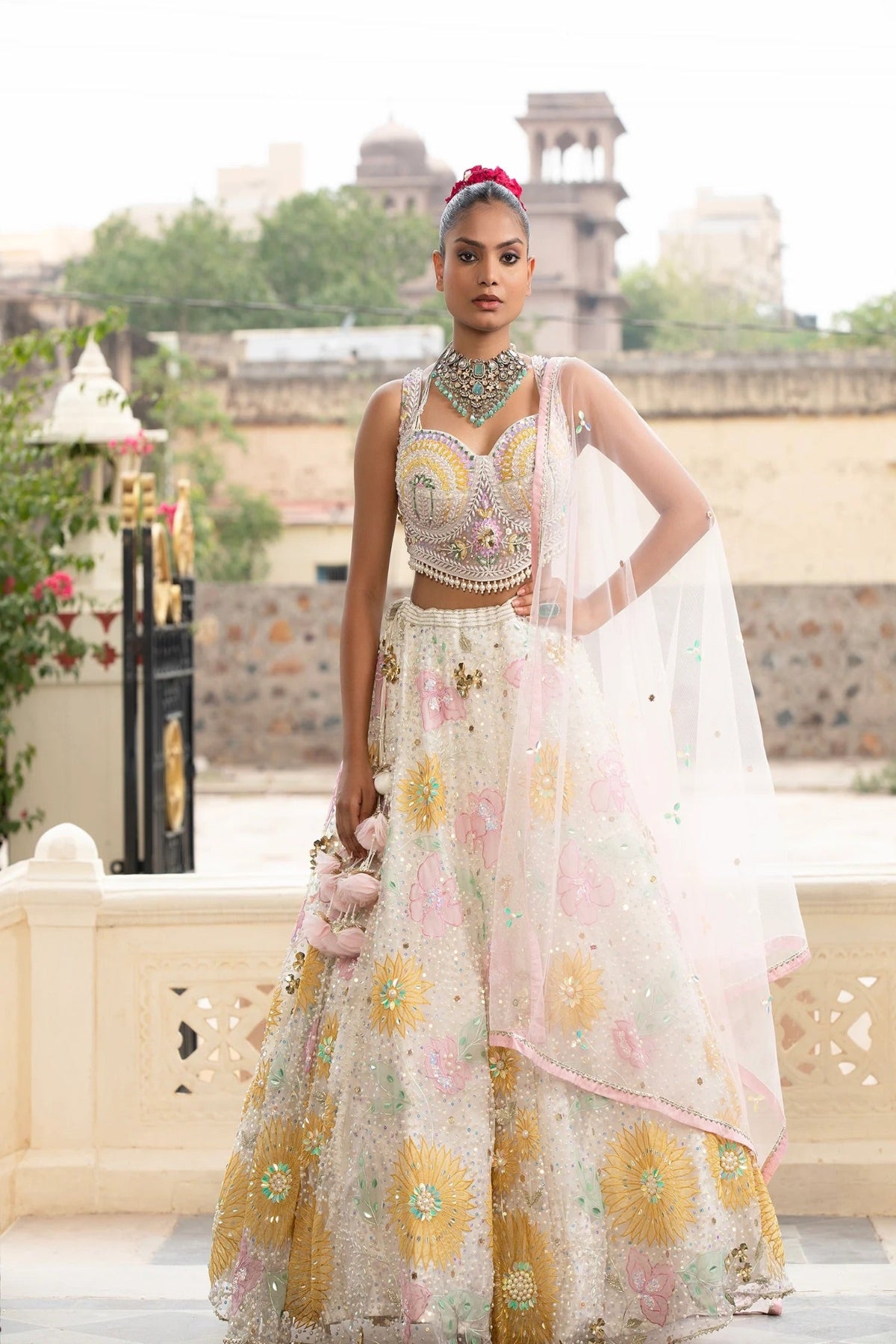 Off-White Net Lehenga With Sequins