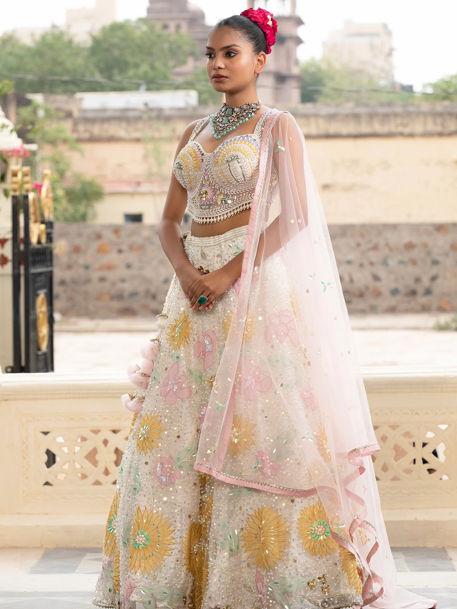 Off-White Net Lehenga With Sequins