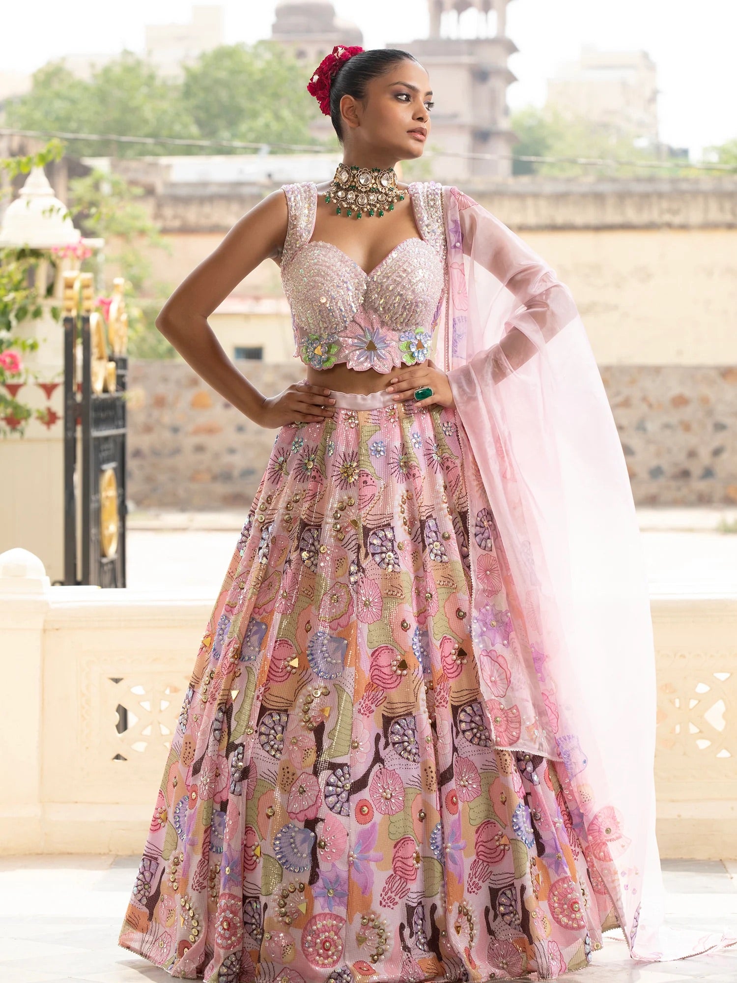 Silk Multicolor Lehenga With Beads