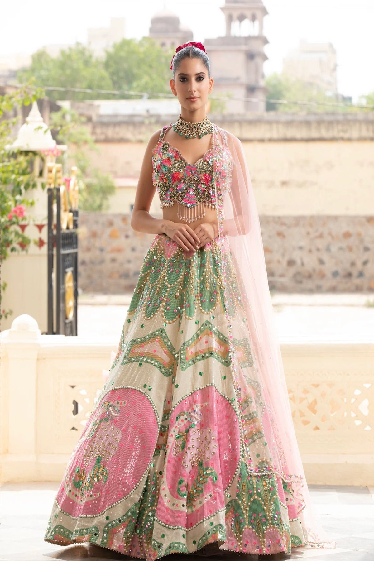 Vibrant Multi-Color Silk Lehenga With Artistic Appliqué Work