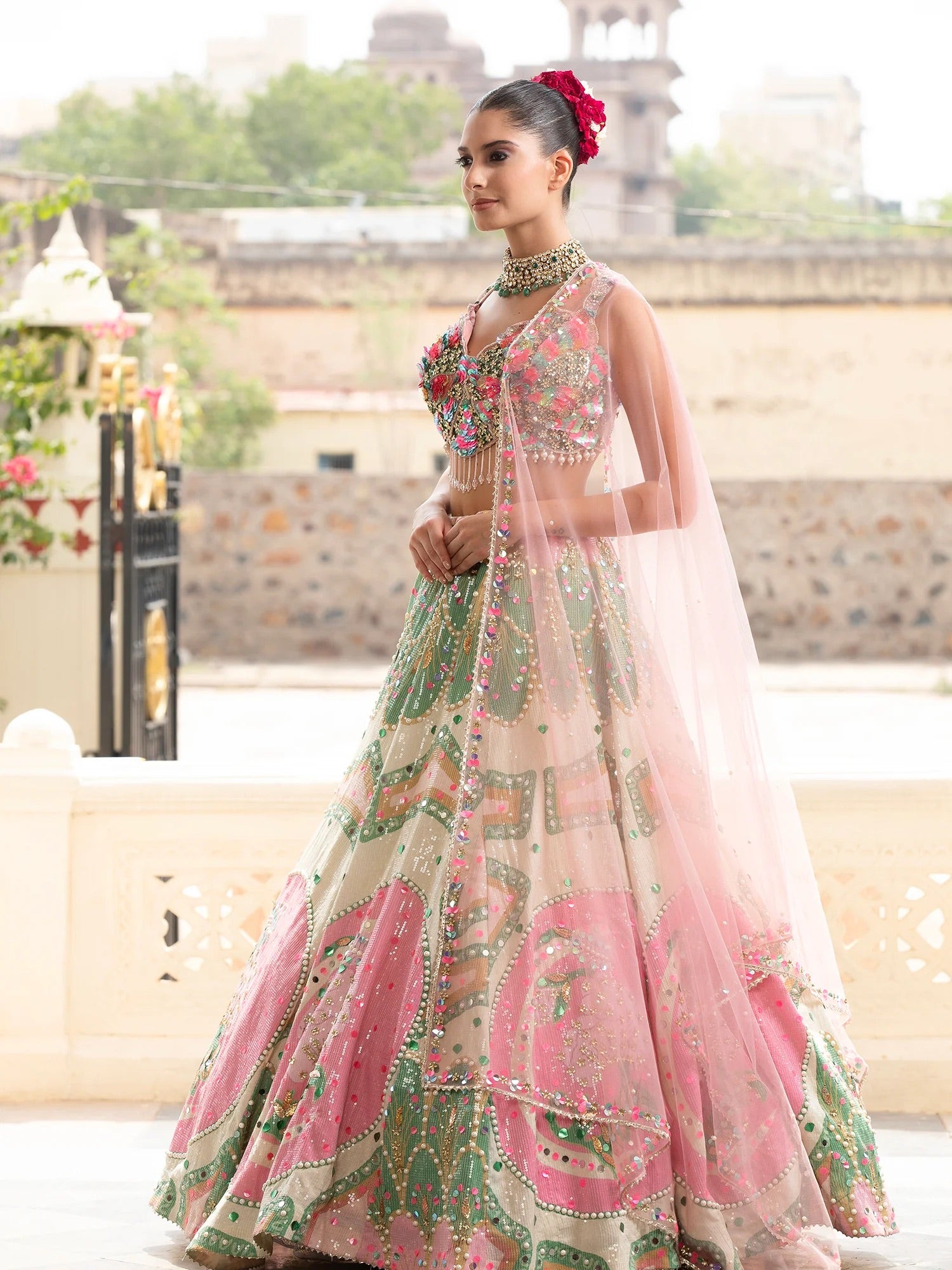 Vibrant Multi-Color Silk Lehenga With Artistic Appliqué Work