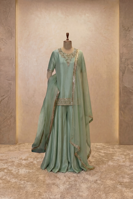 Sage Green Embellished Sharara Suit Set