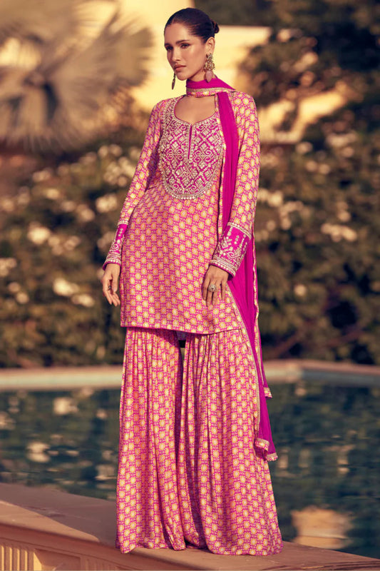 Noor Fuchsia Printed Chinon Silk Sharara Set