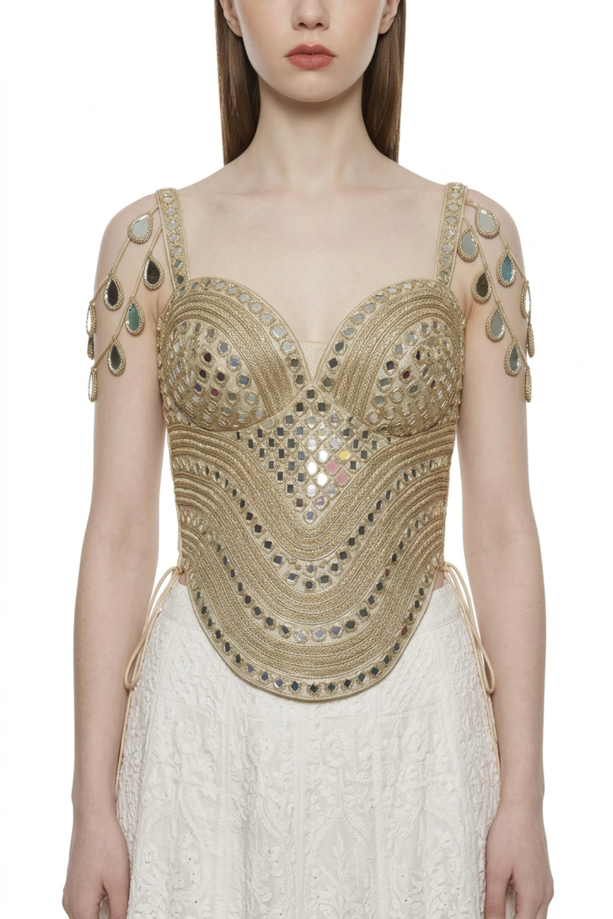 Blush pink embroidered corset by Dorie Atelier — front view