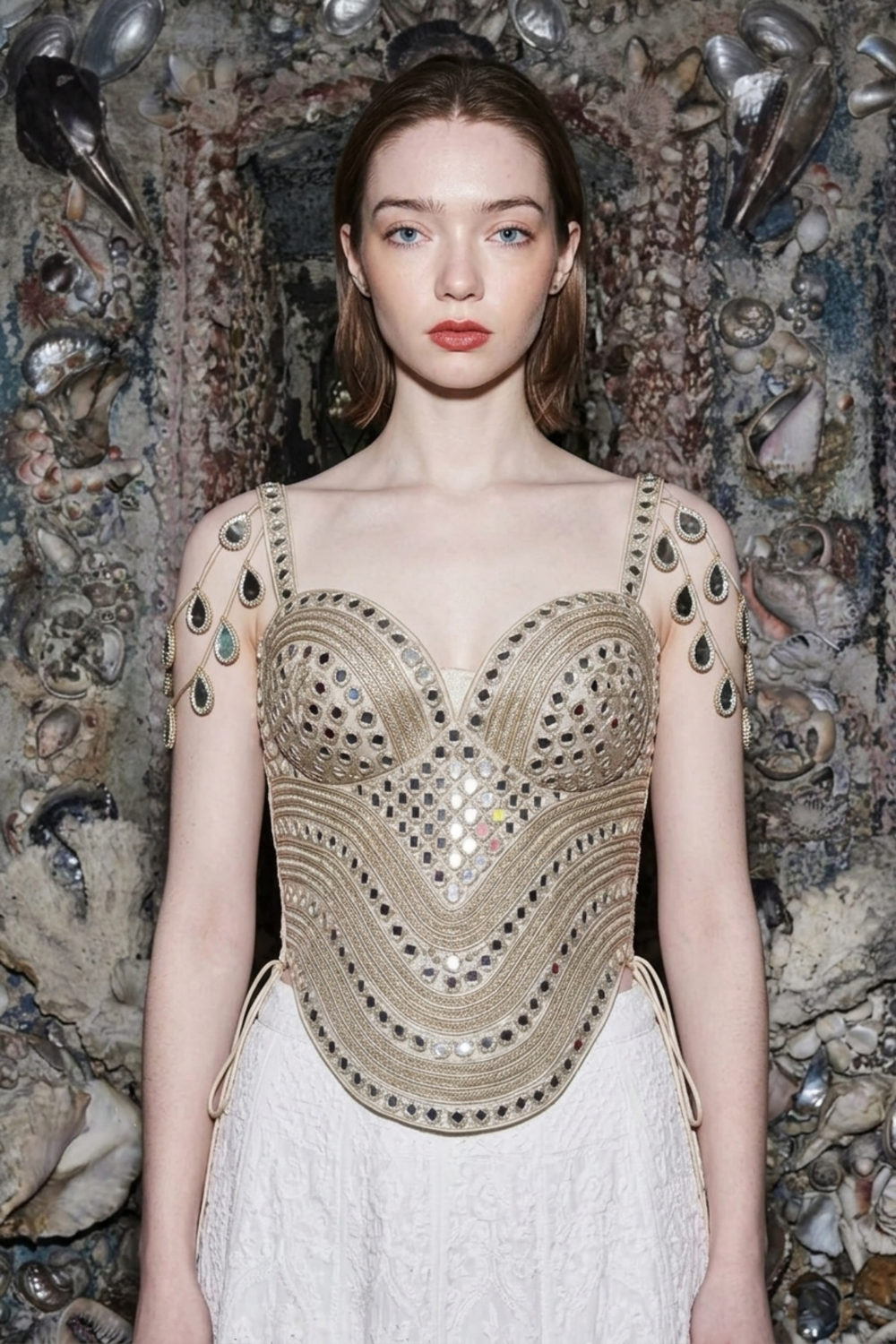 Blush pink embroidered corset — back view showing silhouette and finishing