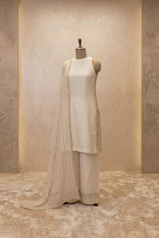 Ivory Pleated Veil Kurta Palazzo Set