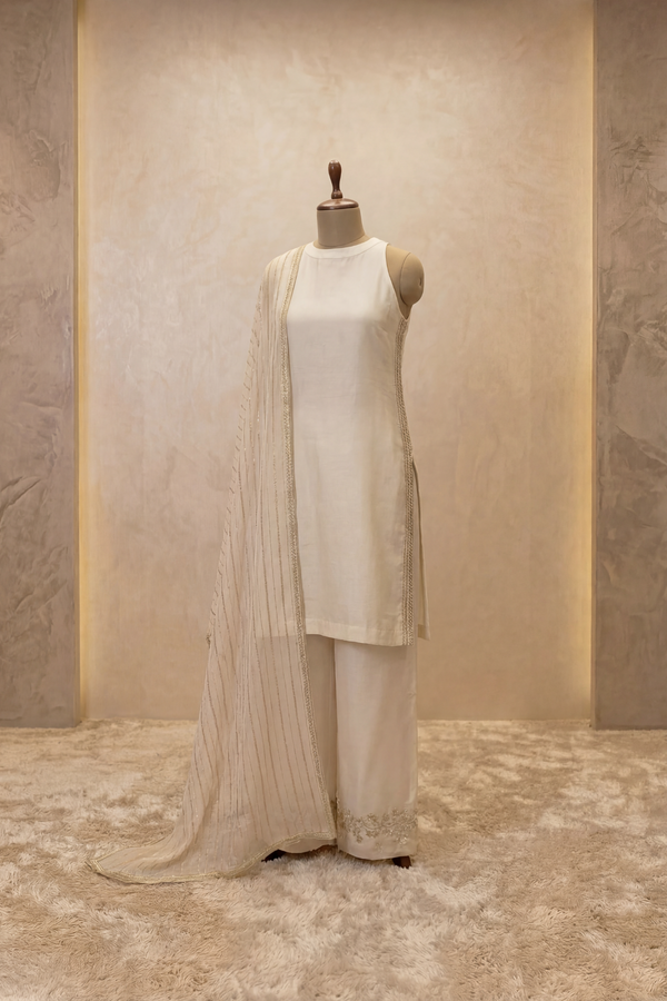 Ivory Pleated Veil Kurta Palazzo Set