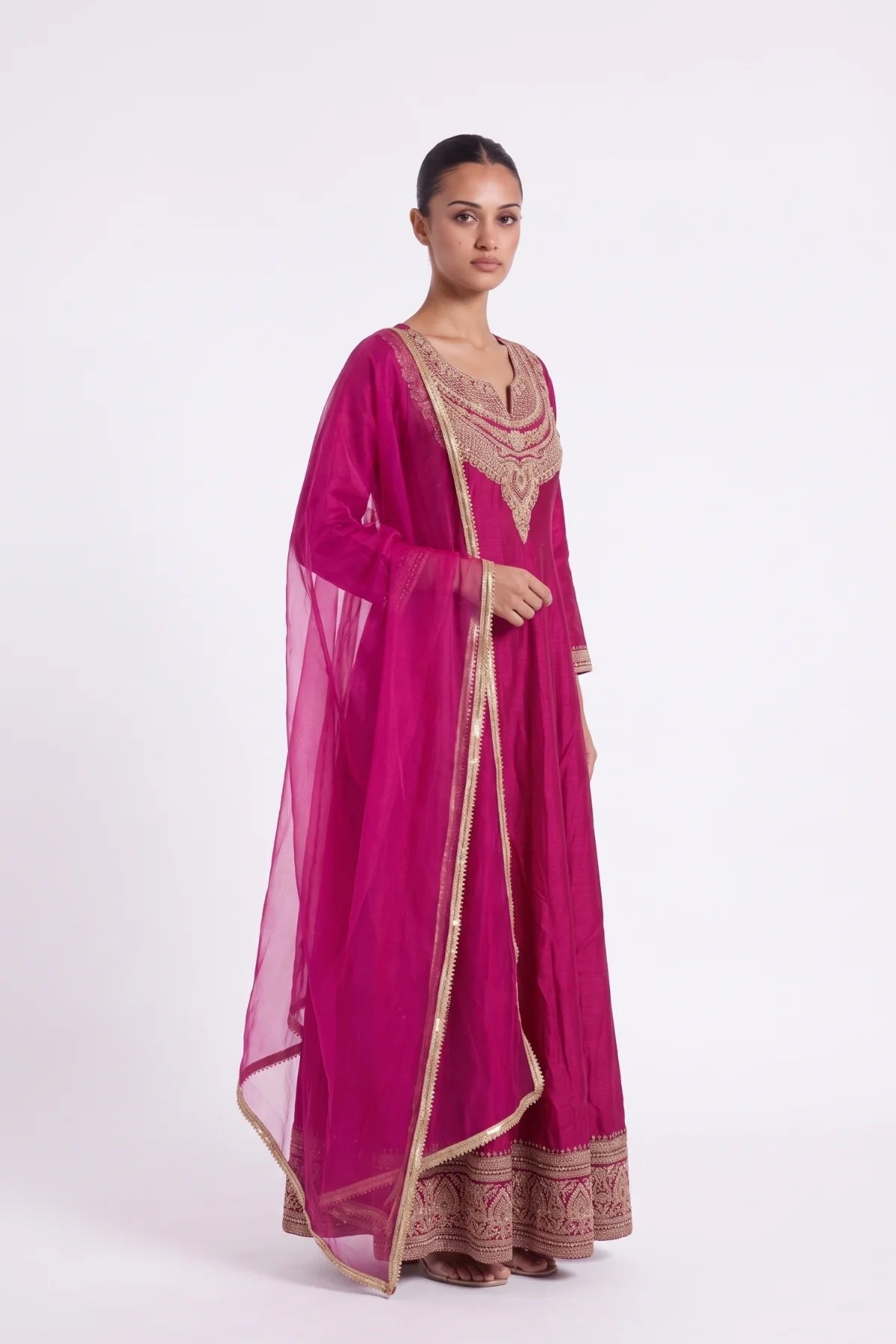Rani Pink Gold Zari Anarkali Suit by Dorie Atelier – view 3