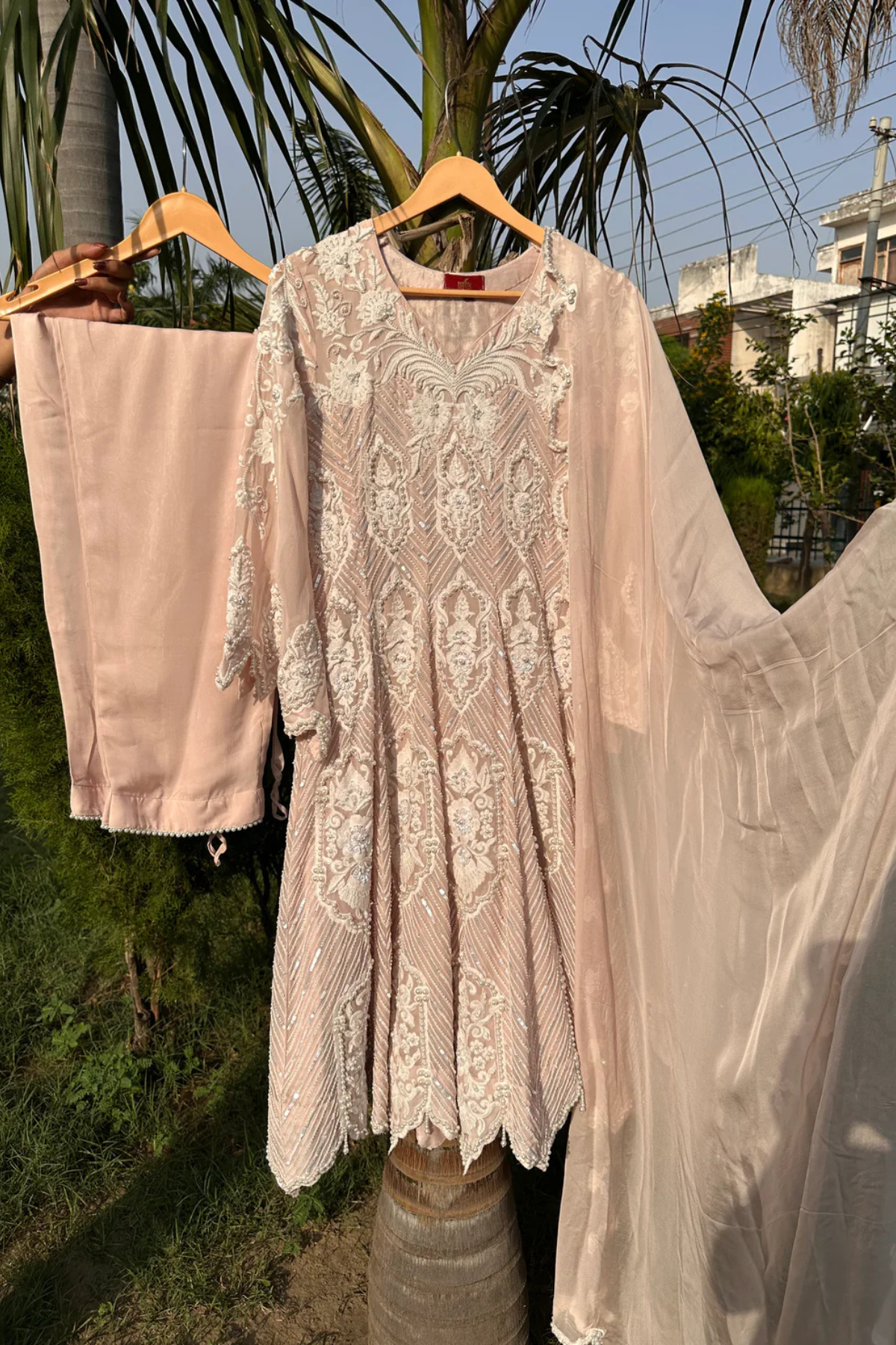 Blush Pearl-Embroidered Short Anarkali Set