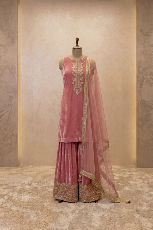 Rosewood Velvet Embroidered Sharara Set