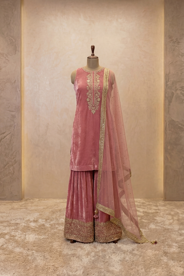 Rosewood Velvet Embroidered Sharara Set