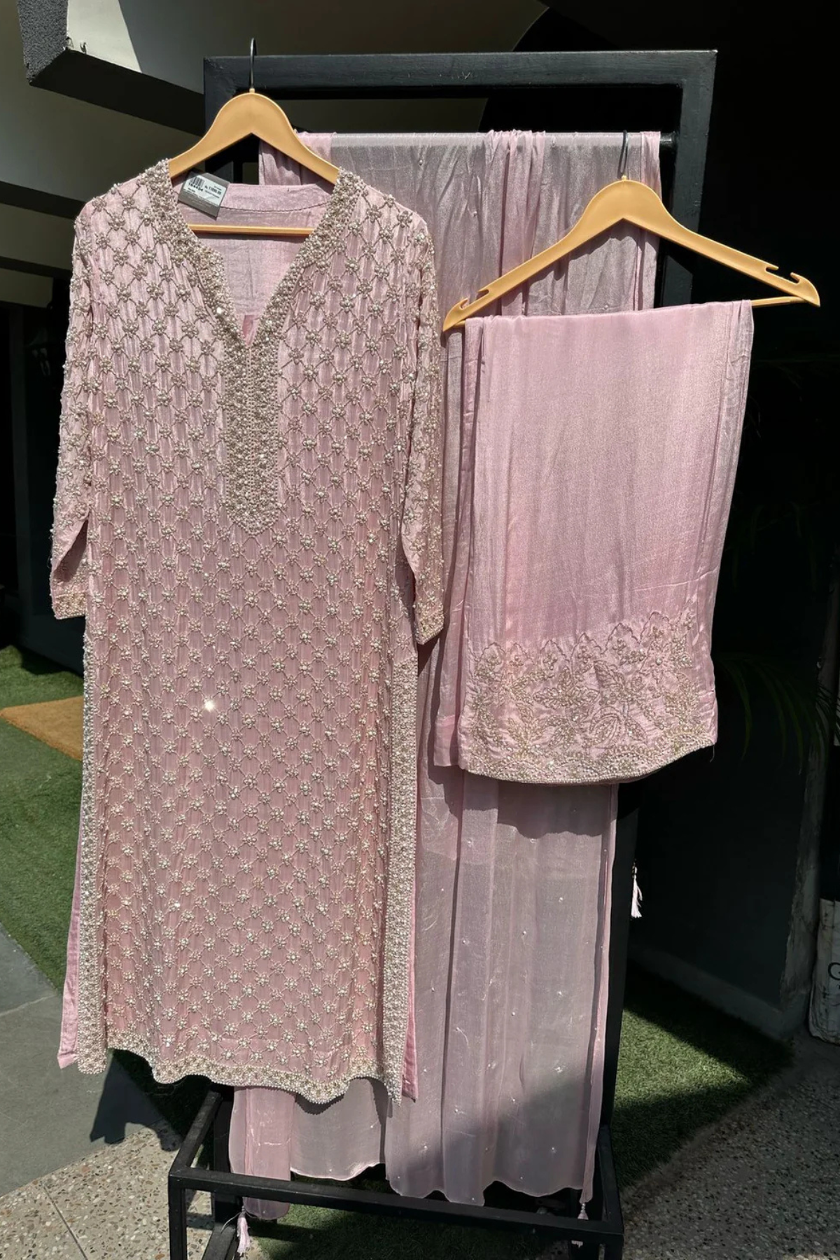 Dusty Rose Hand-Embroidered Chinon Palazzo Suit Set