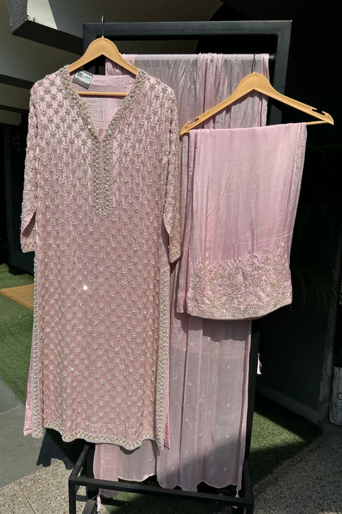 Dusty Rose Hand-Embroidered Chinon Palazzo Suit Set