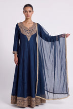 Nila Peacock Blue Gold Anarkali Suit by Dorie Atelier – view 1