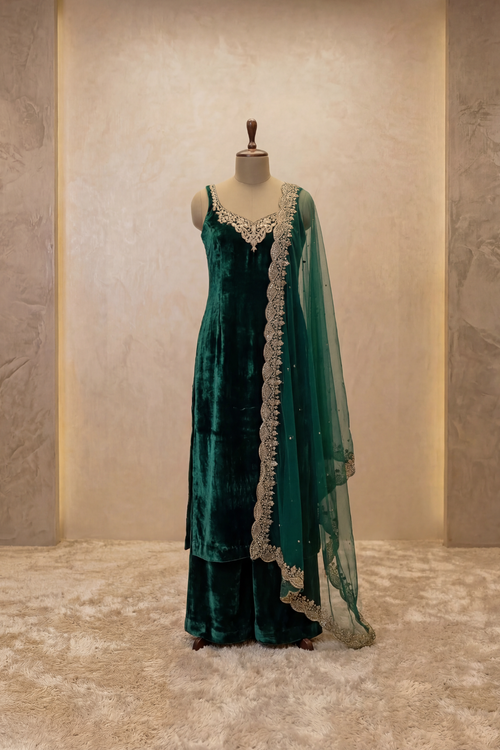 Emerald Velvet Embroidered Sharara Set