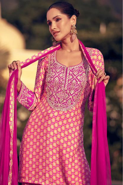 Noor Fuchsia Printed Chinon Silk Sharara Set