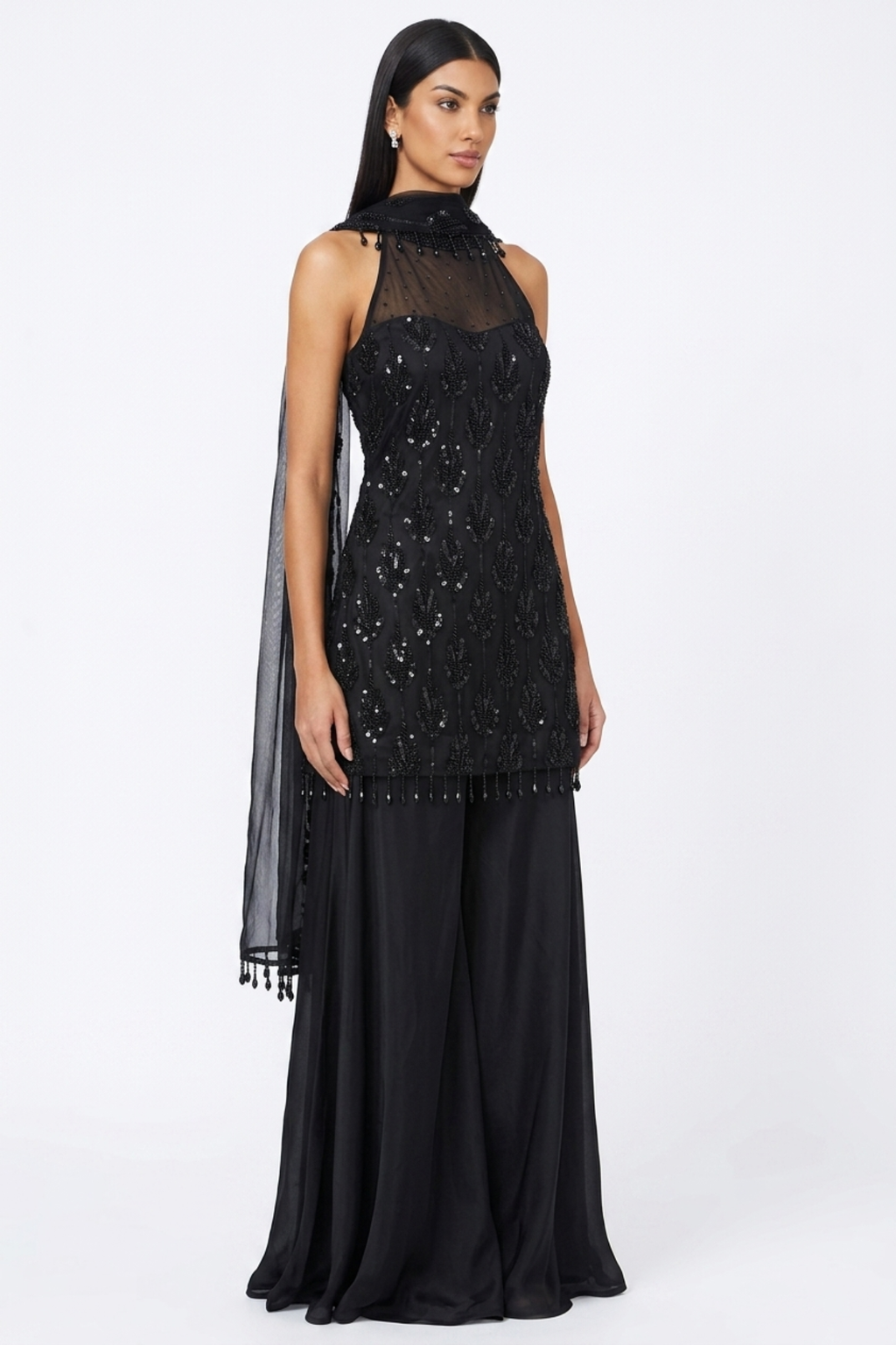 Black tulle hand-embroidered sharara set — back view showing silhouette and finishing