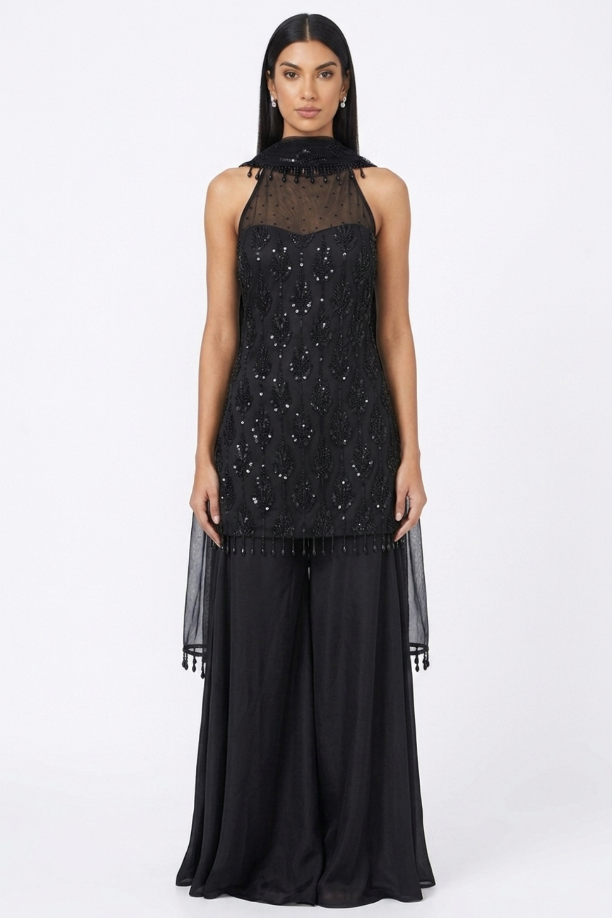 Black tulle hand-embroidered sharara set by Dorie Atelier — front view