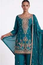 Mor Peacock Teal Zardozi Straight Suit by Dorie Atelier – view 4