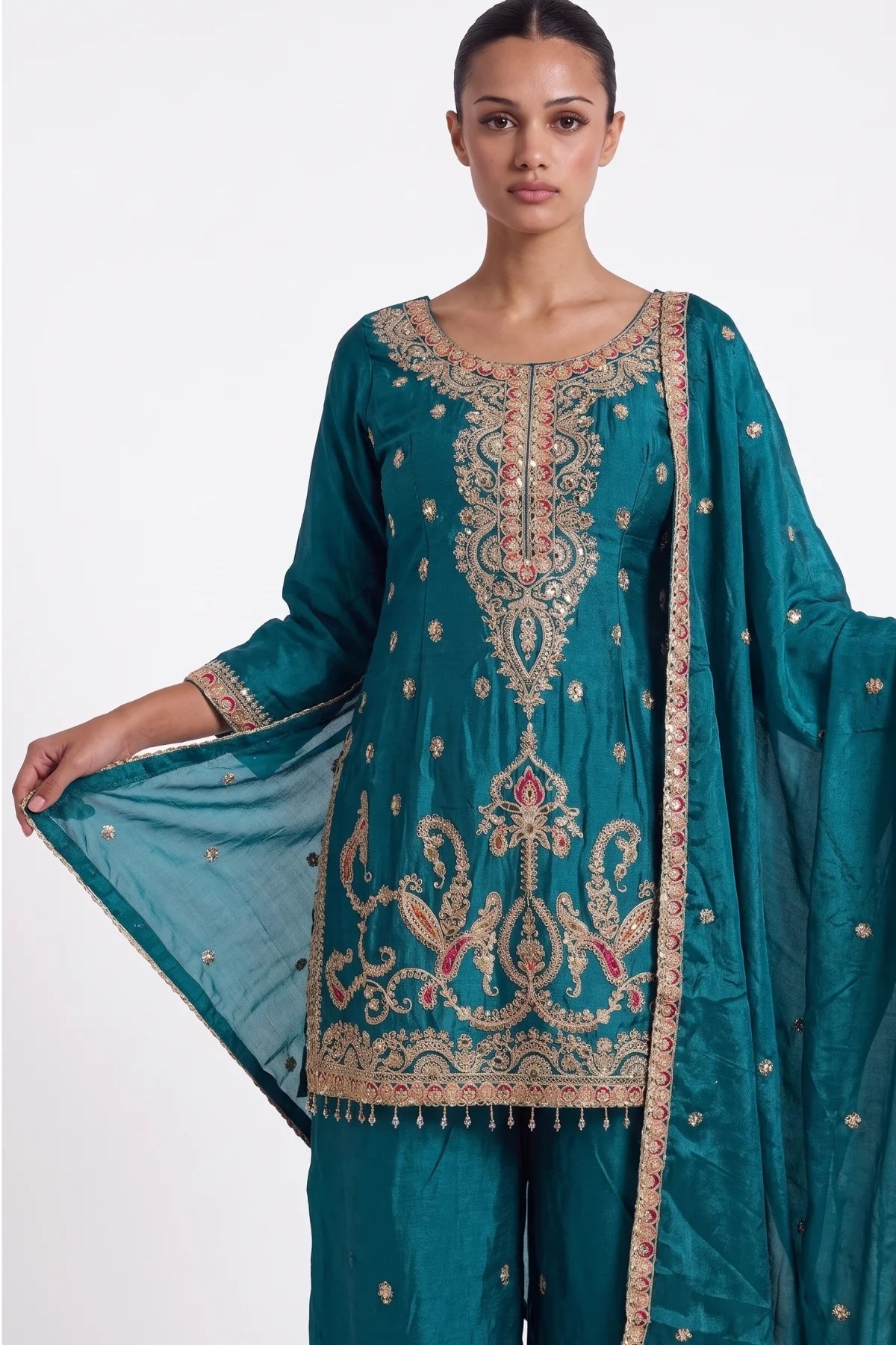 Mor Peacock Teal Zardozi Straight Suit by Dorie Atelier – view 4