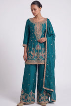 Mor Peacock Teal Zardozi Straight Suit by Dorie Atelier – view 1