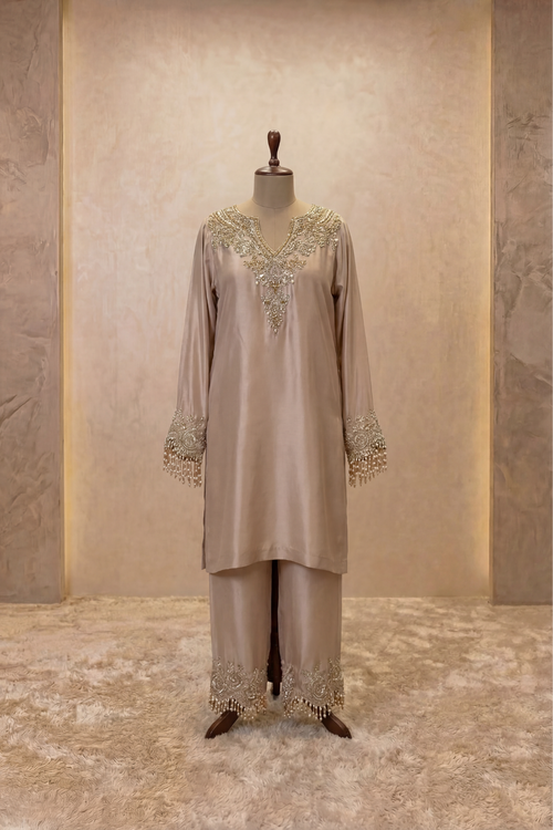Champagne Beige Hand-Embroidered Kurta Pant Set