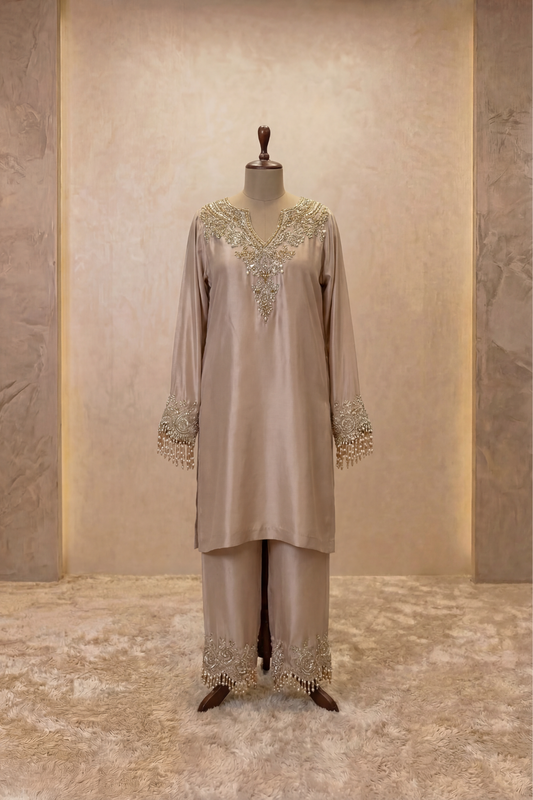 Champagne Beige Hand-Embroidered Kurta Pant Set