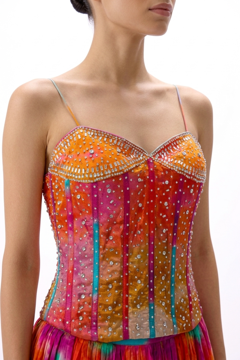 Red silk mirrorwork lehenga — back view showing silhouette and finishing