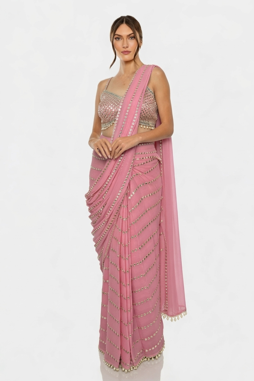 Red georgette mirrorwork saree by Dorie Atelier — front view