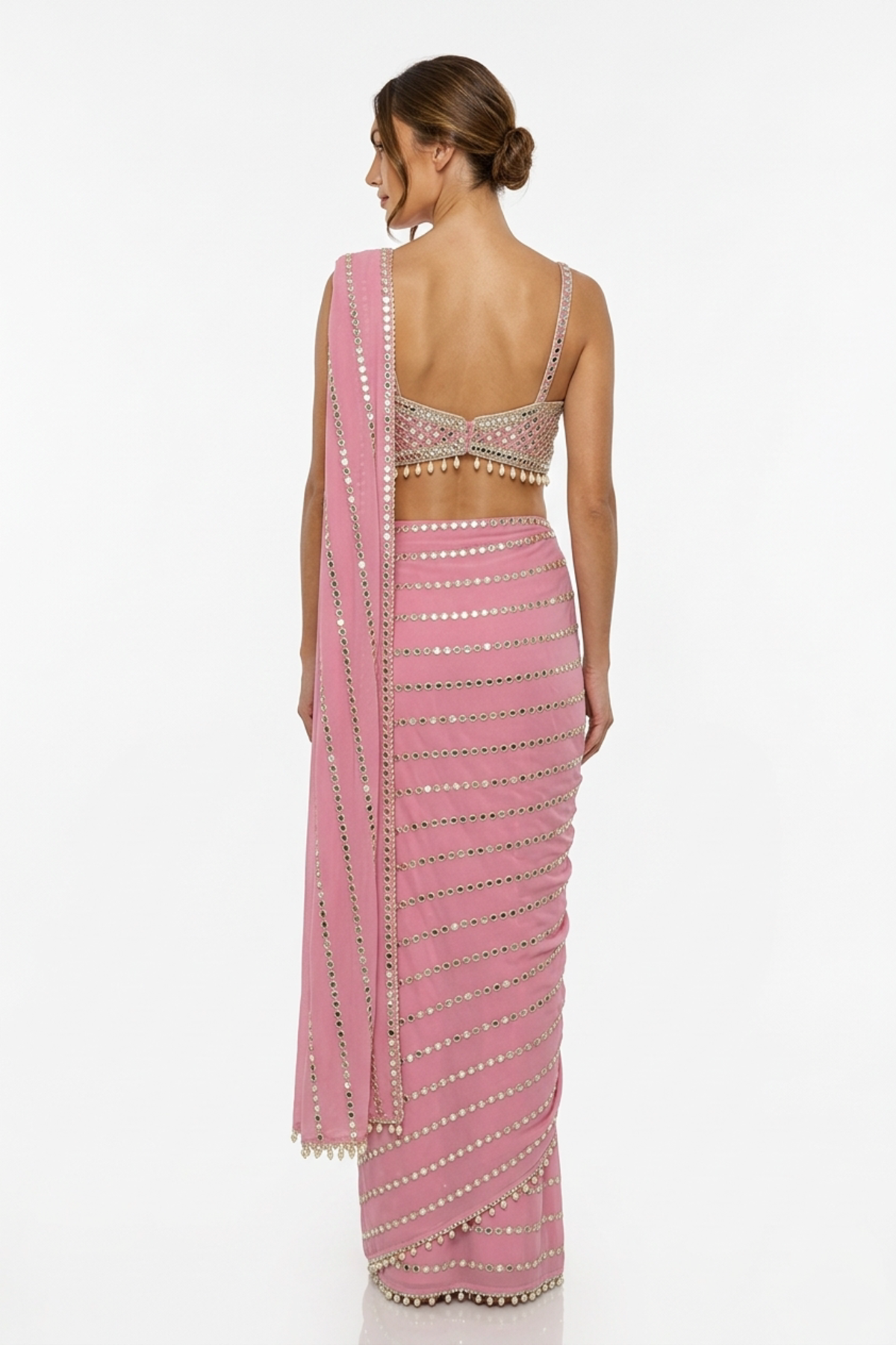 Red georgette mirrorwork saree — back view showing silhouette and finishing