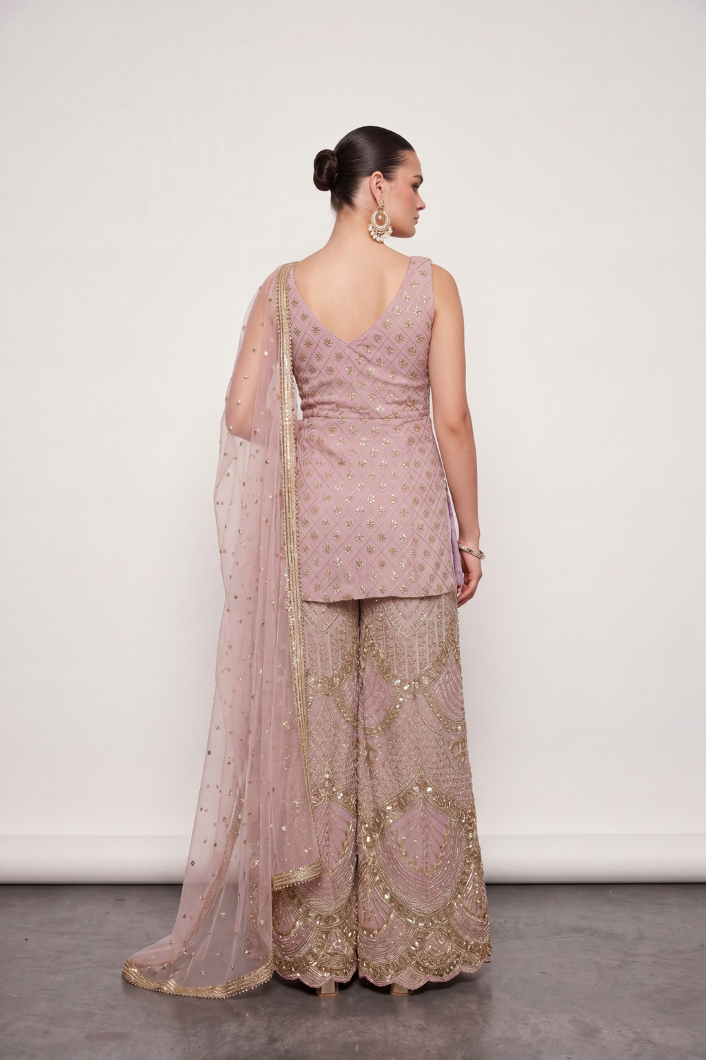 Blush net sequinned sharara set — back view showing silhouette and finishing