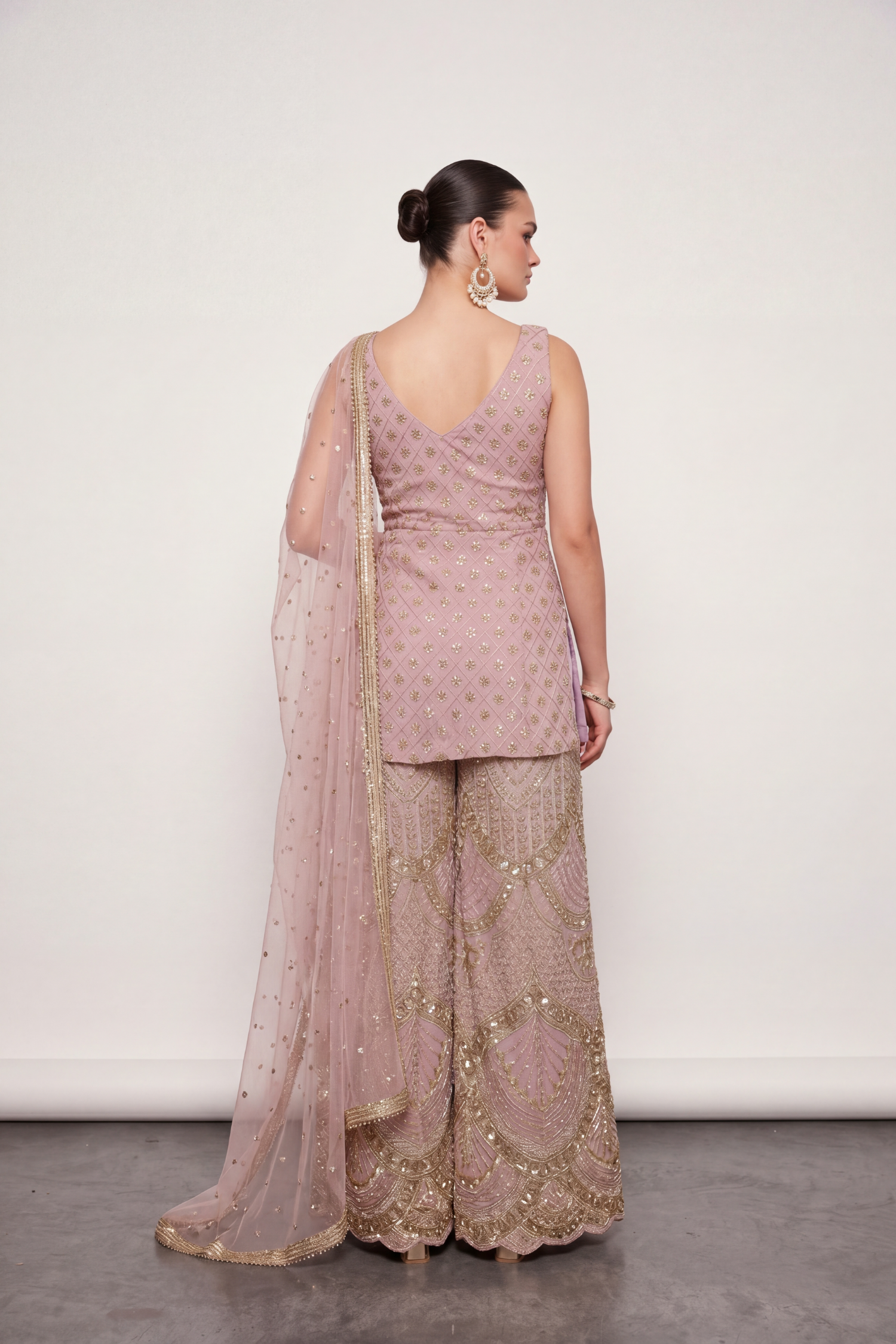 Blush net sequinned sharara set — back view showing silhouette and finishing
